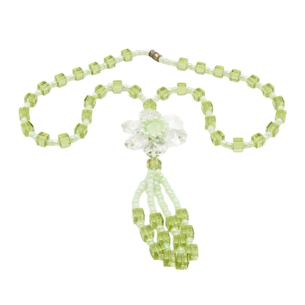 Vintage Green Glass Bead Tassel Necklace Size 18 Inches